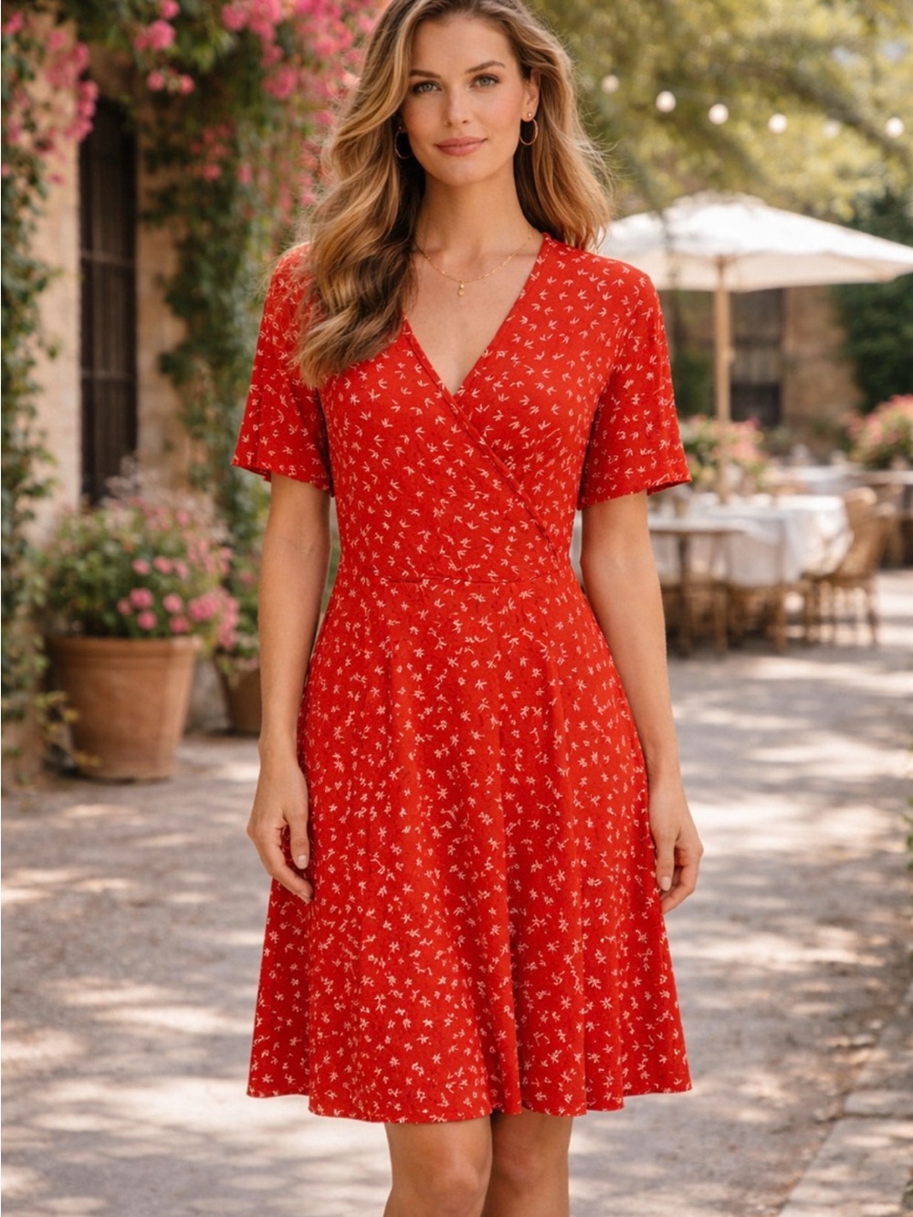 Red Floral V-Neck Fit & Flare Dress